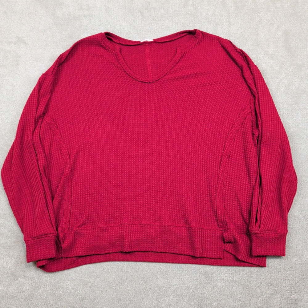Jodifl Y2K Waffle Knit Thermal Top Small Burgundy Oversized V-Neck G20161